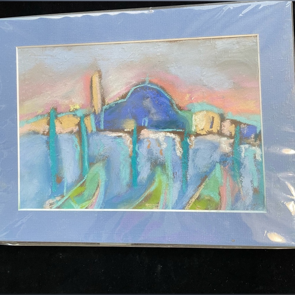 “ Blue Church in Harbor “An Original Pastel Painting Matted 12”x9” Handmade